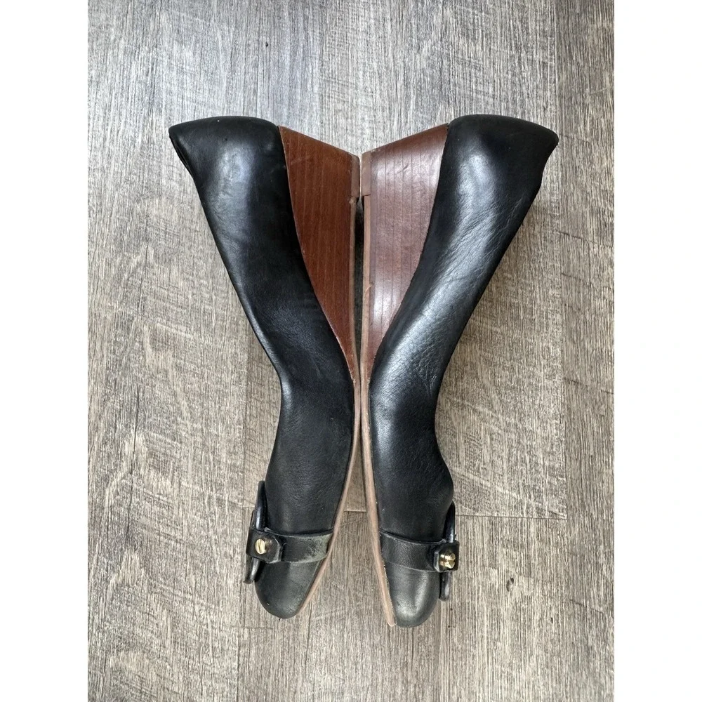 Tory Burch Women's Mini Miller‎ Black Wedge Leather Logo Pump Size: 8M EUC++++++